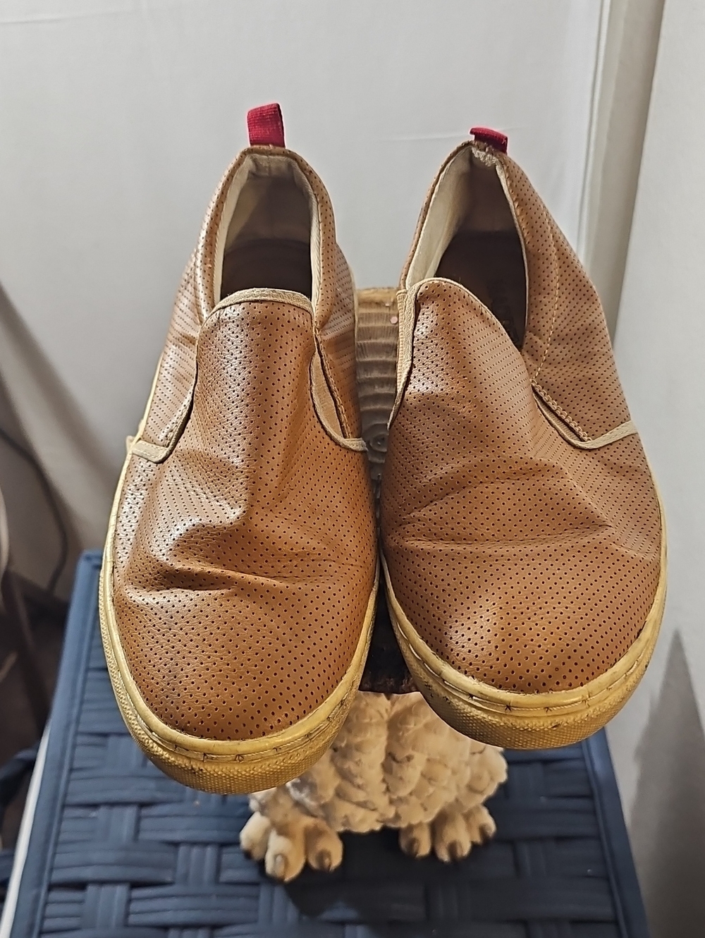 Steve Madden Brown Perforated Leather Slip-On Loafers with Red Heel Tabs